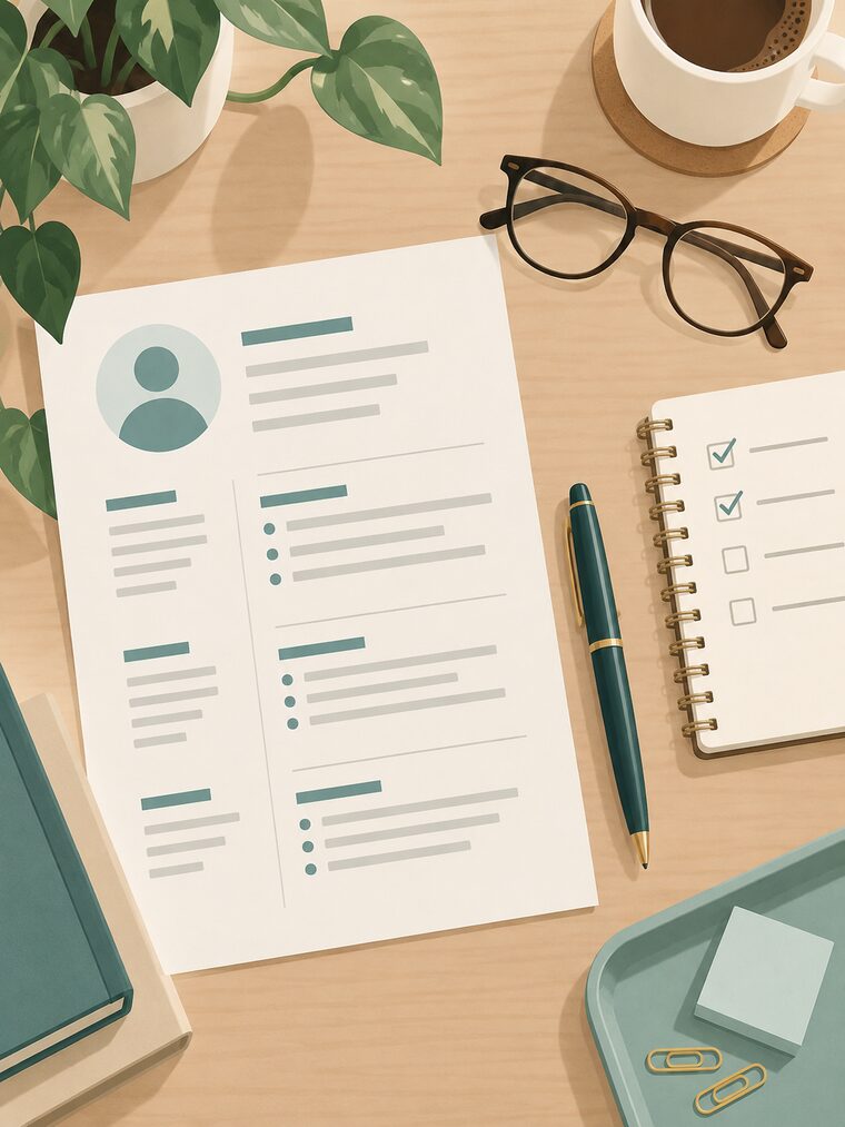 Illustration of a desk with a CV, pen, glasses and a checklist notebook